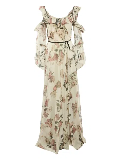 Pre-owned Julea Domani Floral Ruffled Maxi Dress In Neutral