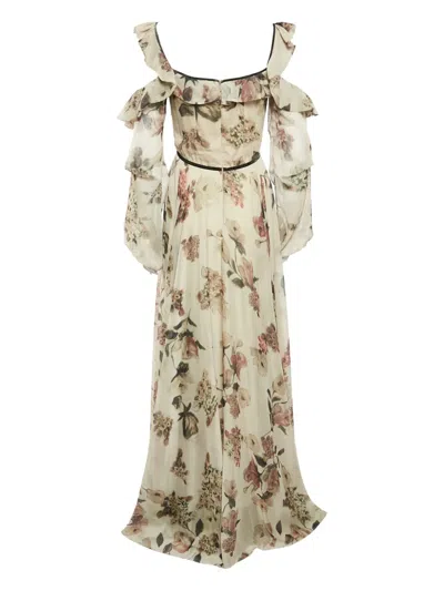 Pre-owned Julea Domani Floral Ruffled Maxi Dress In Neutral