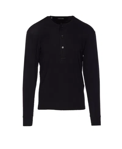 Tom Ford Mens Black Henley Ribbed Relaxed-fit Cotton-blend T-shirt In Black