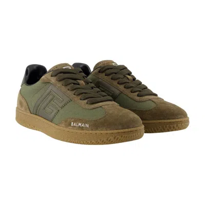 Balmain Men's Leather And Canvas Swan Trainers In Brown