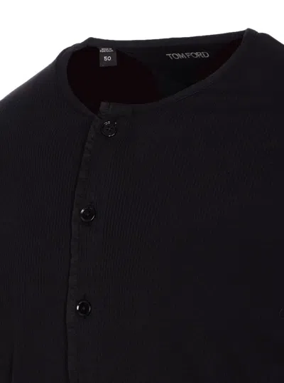 Tom Ford Mens Black Henley Ribbed Relaxed-fit Cotton-blend T-shirt In Black
