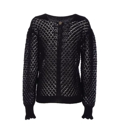 Twinset Open-knit Ruffled-cuff Sweater In Black