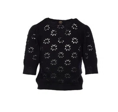 Twinset Open-knit V-neck Cardigan In Black
