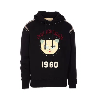 Valentino Crystal-embellished Hooded Sweater With Embroidered Logo In Black