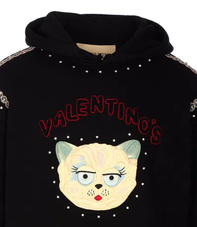 Valentino Crystal-embellished Hooded Sweater With Embroidered Logo In Black