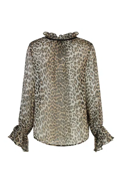 Ganni Printed Viscose Chiffon Tie String Shirt Shirts Animalier In Animal Print