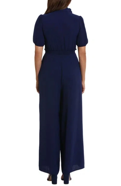 London Times Front Zip Puff Sleeve Jumpsuit In Blue