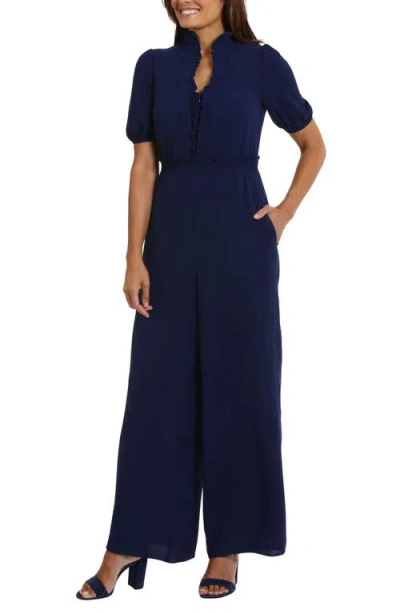London Times Front Zip Puff Sleeve Jumpsuit In Blue