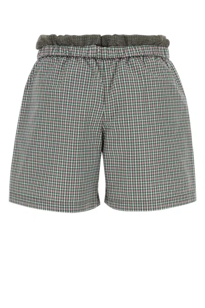 Miu Miu Checkered Pattern Shorts With Embroidered Nylon Blend In Blue