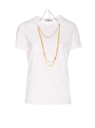 Elisabetta Franchi Logo T-shirt With Gold Chain Detail In White