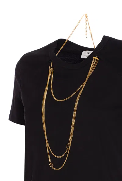 Elisabetta Franchi Logo T-shirt With Chain Detail And Charms In Black