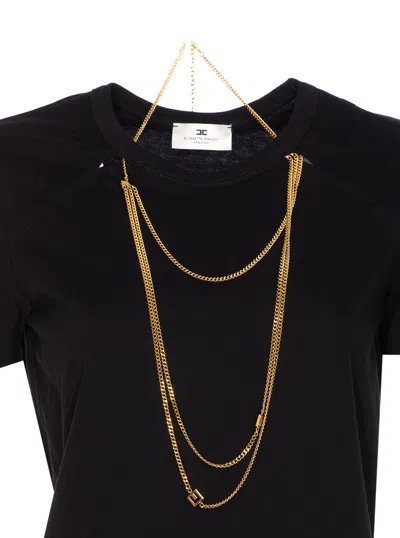 Elisabetta Franchi Logo T-shirt With Chain Detail And Charms In Black