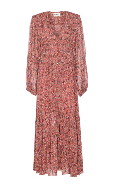 Isabel Marant Étoile Printed Button Detail Drawstring Flounced Lightweight V-neck Dress In Orange