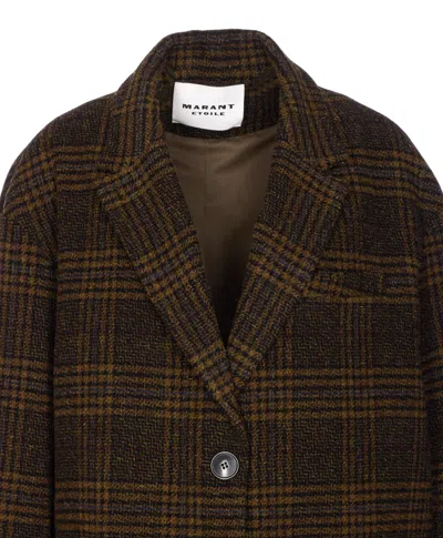 Isabel Marant Étoile Checked V-neck Wool Single Breasted Coat In Brown