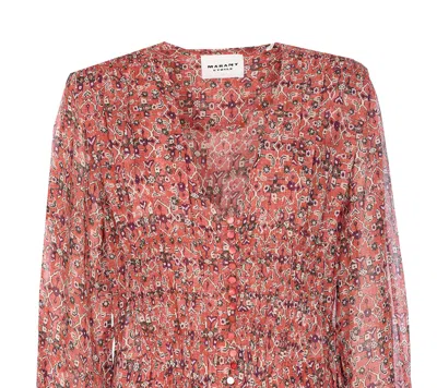 Isabel Marant Étoile Printed Button Detail Drawstring Flounced Lightweight V-neck Dress In Orange