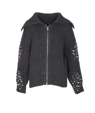Pinko Crystal-embellished Ribbed Cardigan In Gray