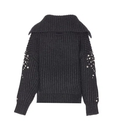 Pinko Crystal-embellished Ribbed Cardigan In Gray