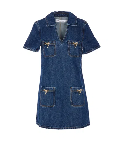 Self-portrait Crystal Bow Mini Denim Dress