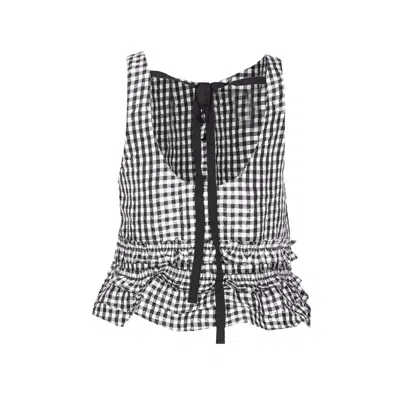 Ganni Sleeveless Checkered Ruffle Bow Tie Top In Black