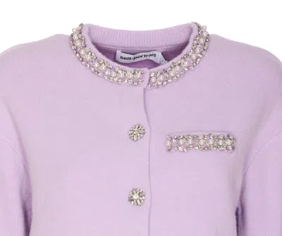 Self-portrait Lilac Crystal Trim Knit Cardigan In Purple