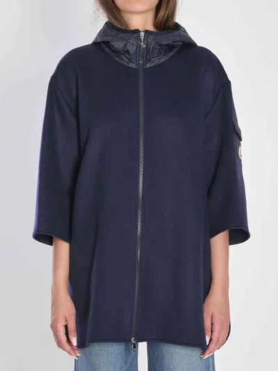 Moncler Women Hooded Wool Cape In Blue