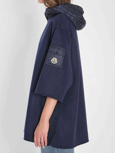 Moncler Women Hooded Wool Cape In Blue