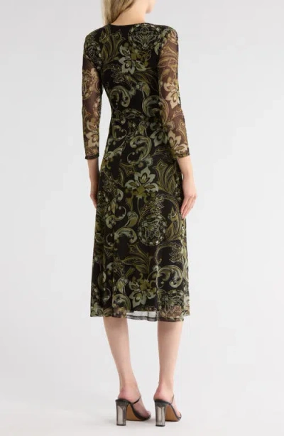 Connected Apparel Floral Long Sleeve Faux Wrap Mesh Maxi Dress In Green