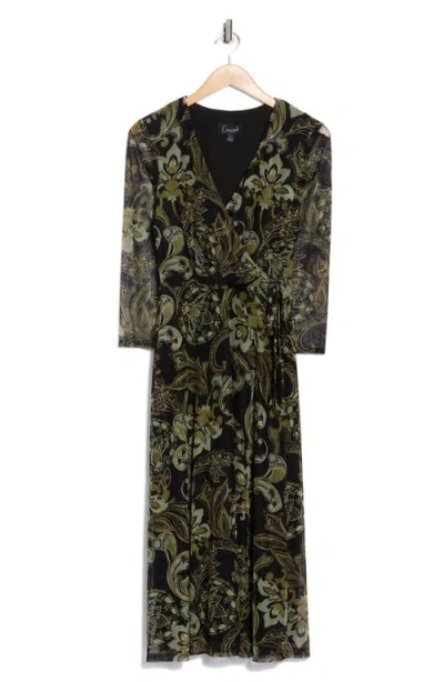 Connected Apparel Floral Long Sleeve Faux Wrap Mesh Maxi Dress In Green
