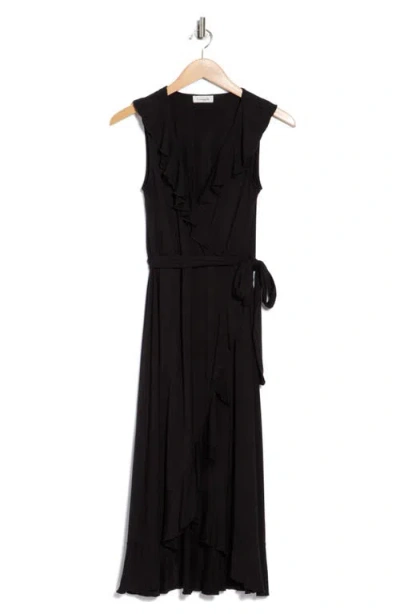 Loveappella Ruffle Faux Wrap Midi Dress In Black