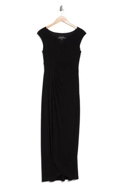 Connected Apparel Crystal Notch Side Ruched Gown In Black