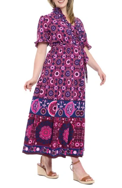 London Times Ruffle Short Sleeve Tiered Maxi Dress In Multi