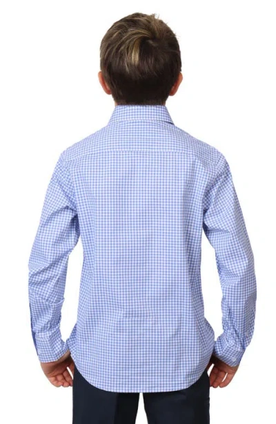 Tailorbyrd Kids' Micro Gingham Stretch Cotton Button-up Shirt In Blue