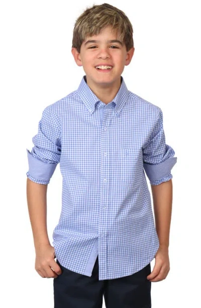 Tailorbyrd Kids' Micro Gingham Stretch Cotton Button-up Shirt In Blue