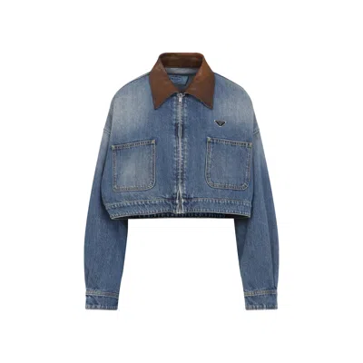 Prada Cropped Jacket With Dropped Shoulders And Puffed Sleeves In Blue