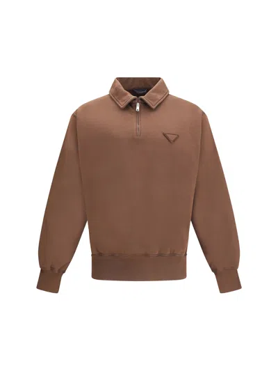 Prada Ribbed Polo Sweatshirt With Collar And Cuffs In Brown
