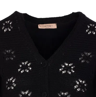 Twinset Open-knit V-neck Cardigan In Black