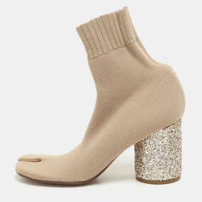 Pre-owned Maison Margiela Beige Knit Fabric Tabi Sock Ankle Length Boots Size 37