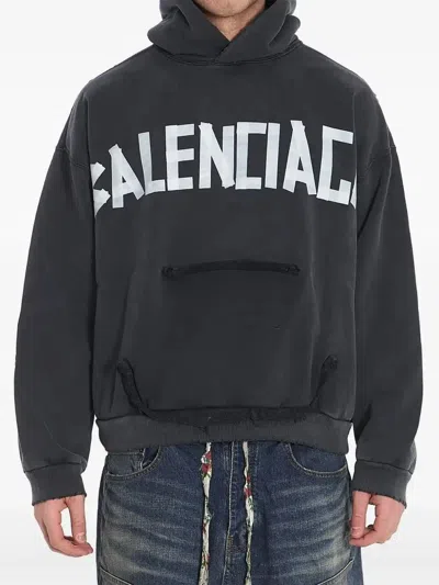 Balenciaga Men Black Hoodie With Logo Lettering On The Front And Logo Print On The Back In Cotton Ma In Gray