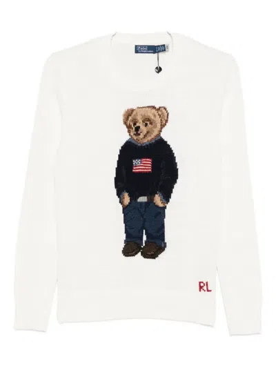 Polo Ralph Lauren Womens Deckwash White Multi Polo Bear Round-neck Linen-cotton Knitted Jumper In White