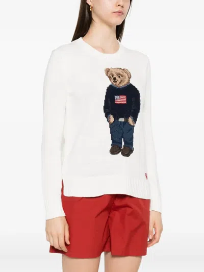 Polo Ralph Lauren Womens Deckwash White Multi Polo Bear Round-neck Linen-cotton Knitted Jumper In White