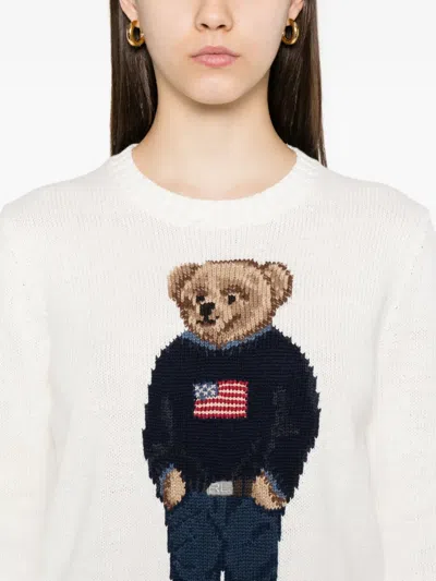 Polo Ralph Lauren Womens Deckwash White Multi Polo Bear Round-neck Linen-cotton Knitted Jumper In White