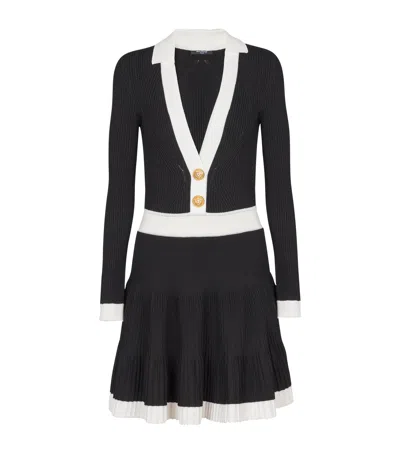 Balmain Long Sleeves V-neck Flare Knit Dress In Black