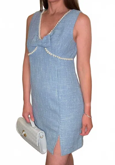 Voy Pearl Bow Tweed Dress In Baby Blue