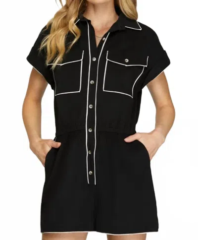 She + Sky Short Sleeve Contrast Piping Romper In Black