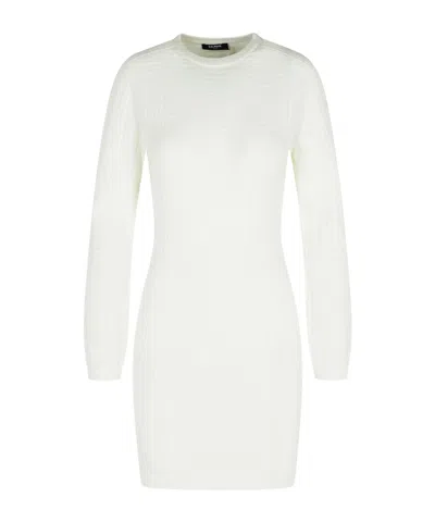 Balmain Monogram Long-sleeve Knit Bodycon Dress In White
