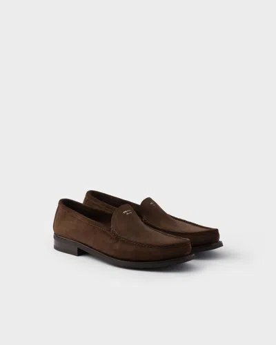Prada Suede Loafers With Round Toe And Stitching