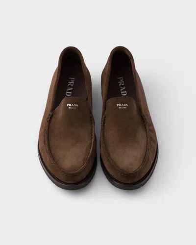 Prada Suede Loafers With Round Toe And Stitching
