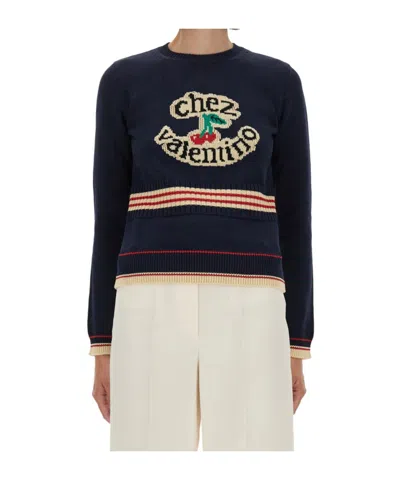 Valentino Cotton Sweater Crew Neck Long Sleeves In Blue