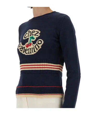 Valentino Cotton Sweater Crew Neck Long Sleeves In Blue