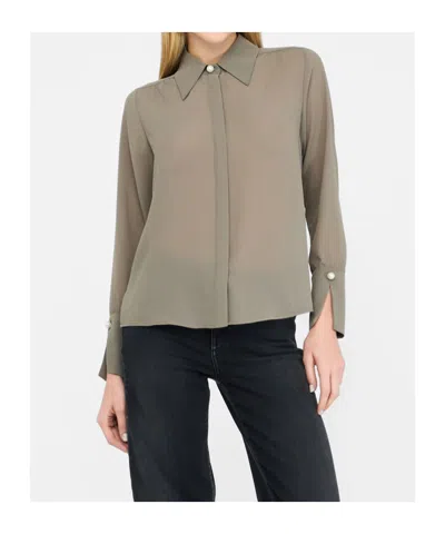 Liu •jo Georgette Blouse With Classic French Collar And Pearl Detail In Brown